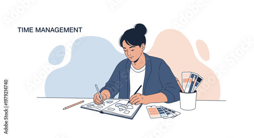 Woman planning and organizing tasks, time management concept, graphic design planning