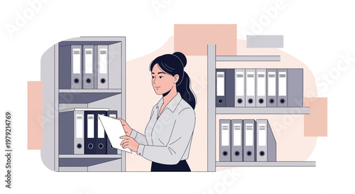 Woman organizing files in office archive with shelves and binders, business concept
