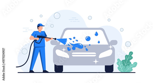 Man washing car with pressure washer.