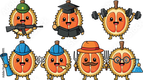 Cute durian character illustration set with different professions and activities isolated on white background, funny fruit mascot vector collection