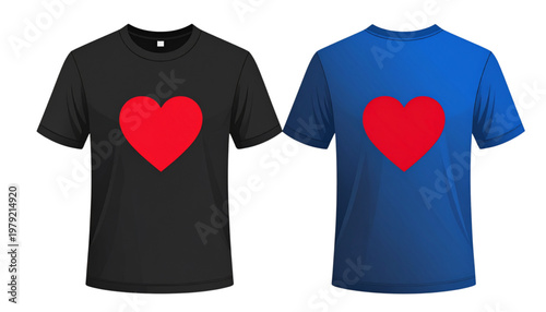 Black and blue t-shirts featuring red heart graphic designs on the chest area Vector