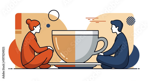 Two people sitting with coffee cup.
