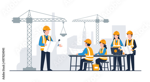 Construction workers planning on site.