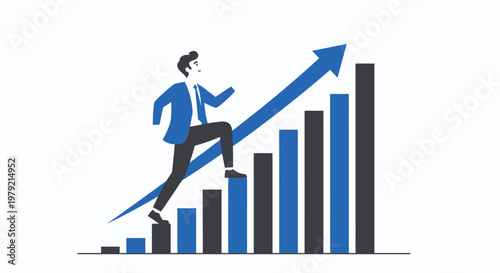 Businessman Running Up Growing Graph Chart.
