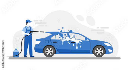 Man washing a blue car.