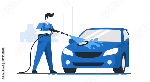 Man washing blue car with hose.