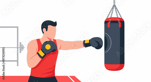 Man wearing boxing gloves punching bag.