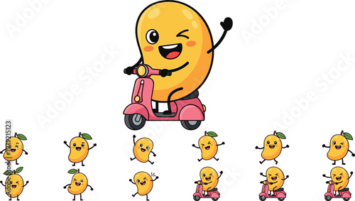 Cute mango mascot riding scooter cartoon character set with funny expressions tropical fruit illustration playful emoji style bundle