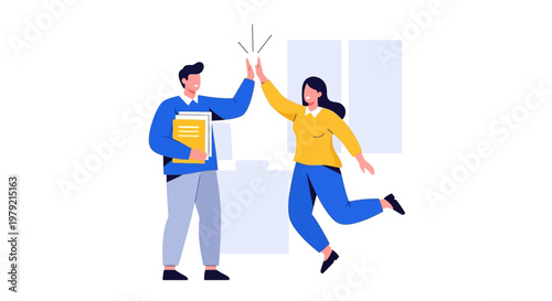 Two young adults high fiving together.