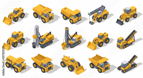 Collection of isometric construction vehicles and heavy machinery in yellow, isolated on white background.
