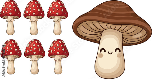 Foto Cute mushroom characters illustration with fly agaric and cartoon fungi isolated