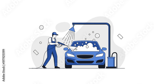 Man washing blue car with hose.