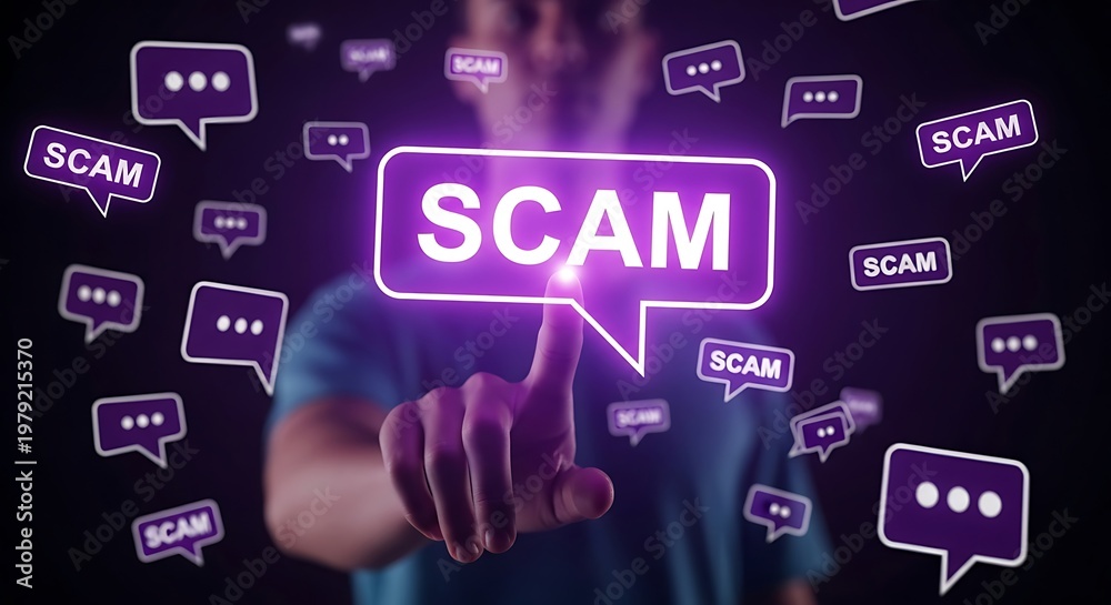 Obraz premium Person points to glowing SCAM message surrounded by notification bubbles, vector illustration