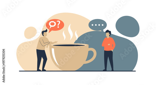 Two businessmen discuss a large coffee cup.