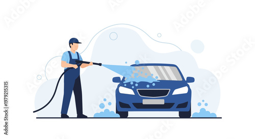 Man washing blue car with hose.