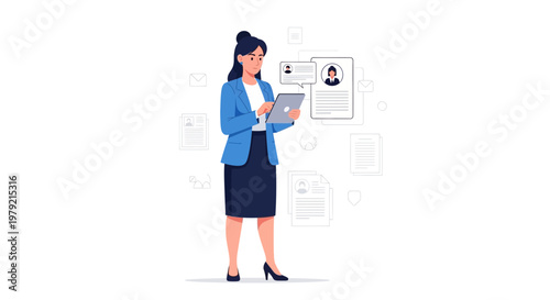 Businesswoman reviewing resumes on tablet, recruitment concept