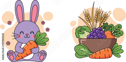 Cute Rabbit with Carrot and Fresh Vegetable Bowl Collection for Healthy Food, Organic, and Fun Illustrations