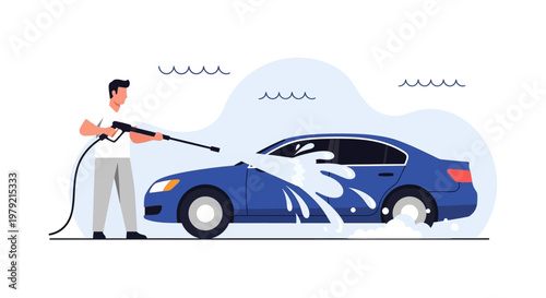 Man washing blue sedan car.