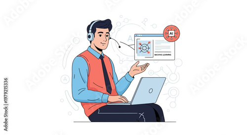 AI consultant with headset and laptop, explaining machine learning concepts on screen
