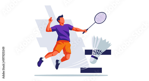 Man Playing Badminton with Racket Energetically.