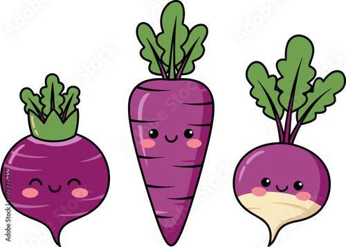 Cute root vegetable characters illustration with beetroot carrot and turnip cartoon mascots isolated on white background, fun food vector design