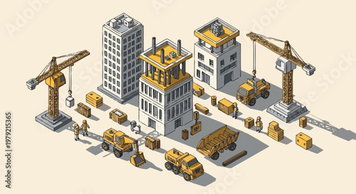 Isometric construction site with buildings, cranes, trucks, and workers, illustrating urban development and city building.