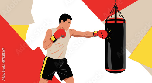 Man Punching Heavy Boxing Punch Bag.