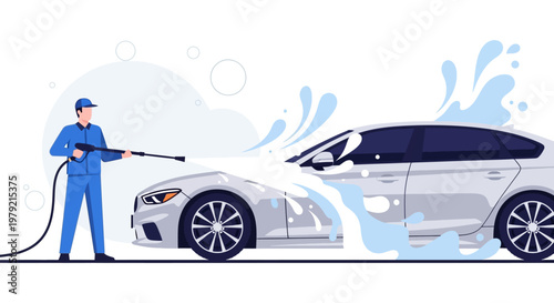 Man washing a silver sports car.