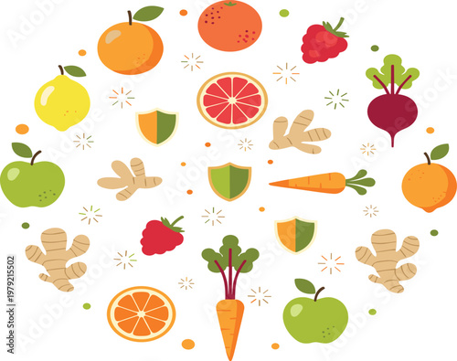 Detox Fruits and Vegetables Circular Composition with Ginger Citrus Apple Carrot and Beetroot for Healthy Nutrition Clean Eating Concept Illustration.