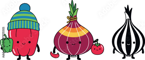 Cute vegetable characters illustration with pepper onion and garlic cartoon mascots isolated on white background, fun food vector design