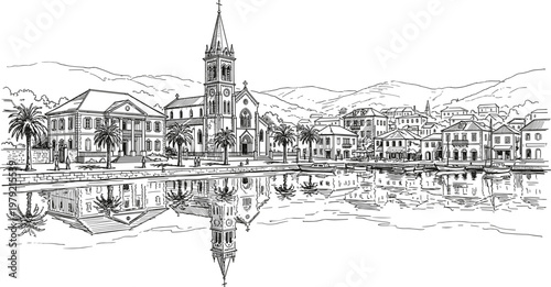 Historic waterfront town with church tower reflecting in calm river surrounded by mountains detailed architectural line drawing