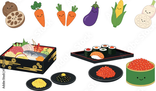Cute sushi and vegetable vector illustration set featuring kawaii food characters with Japanese cuisine elements isolated on white background