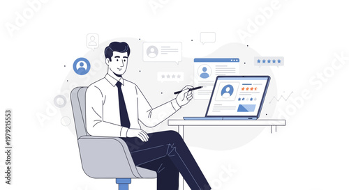 Businessman Analyzing Online Reviews and Ratings on Laptop
