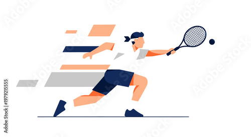 Tennis player in motion swinging racket.