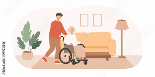 A young man assists his grandmother who is using a wheelchair at home