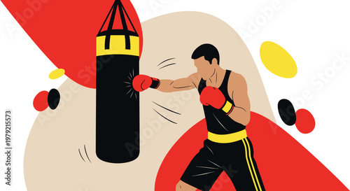 Man Wearing Gloves Punching Bag Hard.