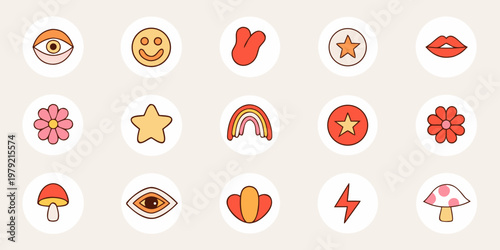 Collection of colorful whimsical stickers with retro and playful designs