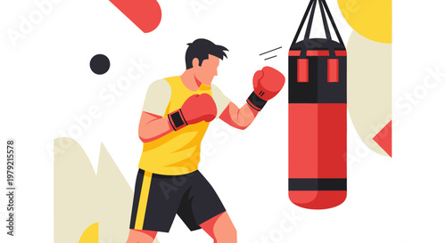 Young man practicing boxing punching bag.