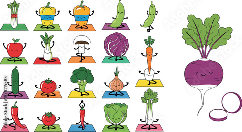 Cute vegetable yoga characters illustration set with beetroot broccoli carrot and pepper isolated on white background, healthy lifestyle vector design