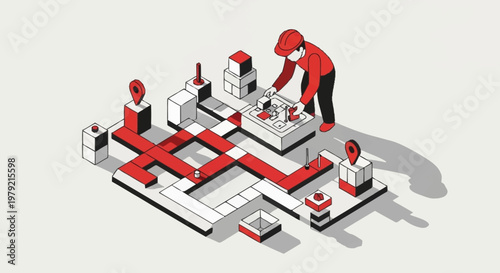 A person in a red hat building a complex maze with blocks and location pins, representing strategy and planning.