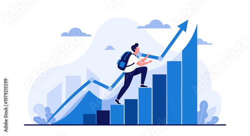 Businessman climbing growth graph upward.