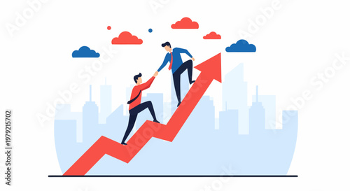 Two businessmen climbing growth graph.