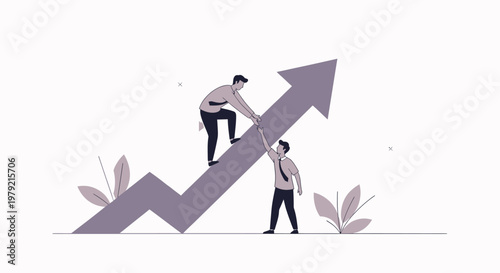 Two businessmen climbing growth arrow.