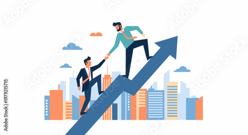 Businessman helping colleague climb success ladder.