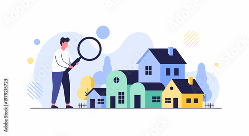 Man holding magnifying glass over houses.