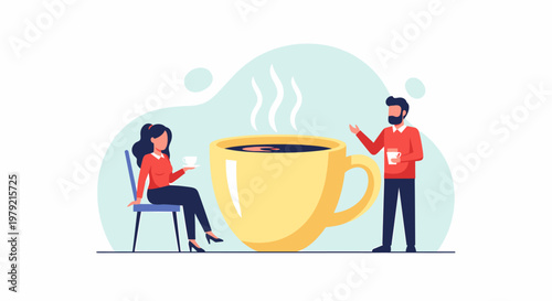 Man and woman with large coffee cup.