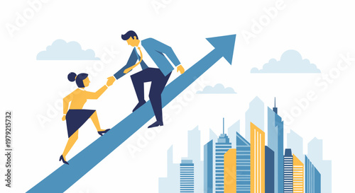 Businessman and woman climbing growth arrow.