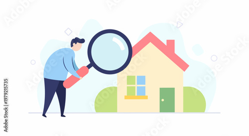 Man Examining House with Magnifying Glass.