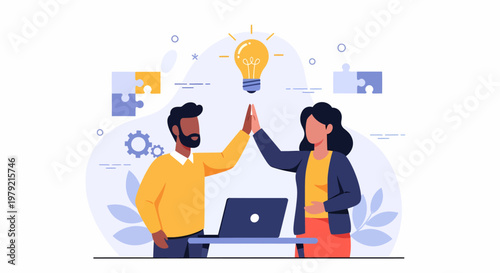 Two people high five over laptop.