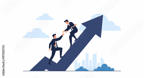 Businessman Helping Colleague Up Arrow Graph.